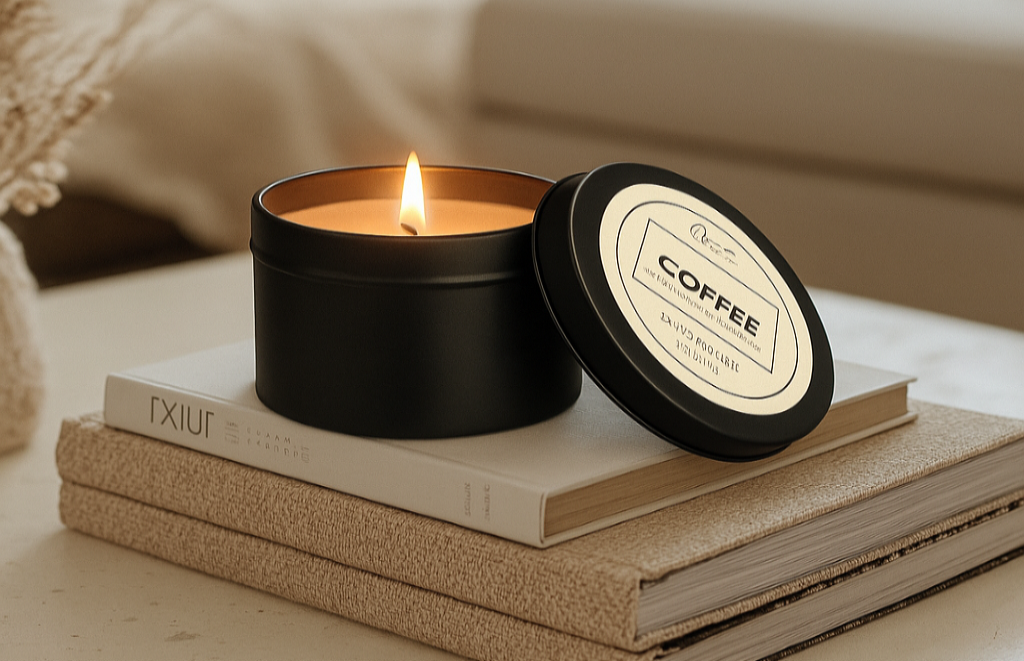 Candle in a black container with a lit flame, placed on top of books in a cozy living room setting.