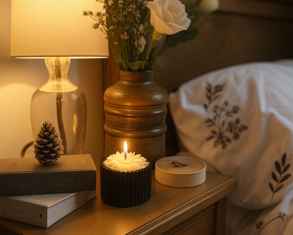 Candle on a wooden nightstand with a lamp and decorative items in a cozy bedroom setting.